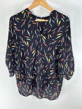 Lush Navy Blouse with Red, Yellow, and Green Leaf Print
